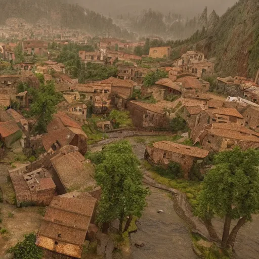 Image similar to the center of a poor medieval town under heavy rain at late dawn, in a valley, surrounded by mountains, highly detailed, octane, ultra detailed cinematic, 8 k, widescreen, 1 6 : 9, hd