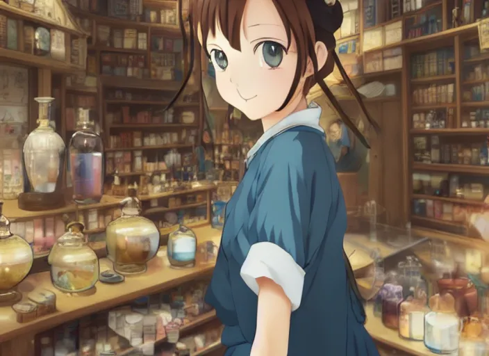 Image similar to anime visual, portrait of a young female traveler in a alchemist's shop interior, cute face by yoh yoshinari, katsura masakazu, studio lighting, dynamic pose, dynamic perspective, strong silhouette, anime cels, ilya kuvshinov, cel shaded, crisp and sharp, rounded eyes, moody, blue colors!!!!!!