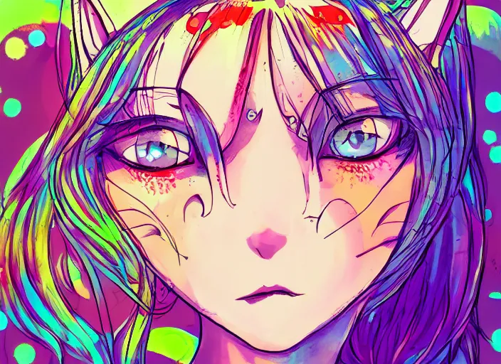 Prompt: girl with cat ears, anime style, hippie, psychedelic, lsd, digital drawing, trending on artstation, by yoshitaka amano