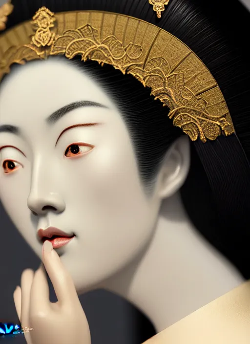 Prompt: shy Geisha portrait, pearlescent skin, diffuse lighting, classical, intricate, elegant pose, highly detailed, lifelike, photorealistic, digital painting, artstation, illustration, concept art, different point of view, smooth, sharp focus, photorealistic, soft diffuse lights, canon 5D 50mm lens, art by John Collier and Albert Aublet and Leonardo da vinci and Moebius and Krenz Cushart