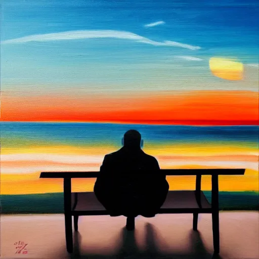 Prompt: oil on canvas, modern street art, a man sitting on a bench looking at the sunset