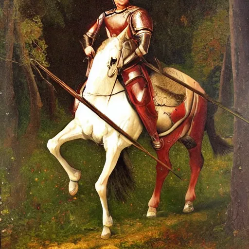 Image similar to seselj wearing shining knight's armor and riding a horse through a dark forest, highly detailed, oil painting