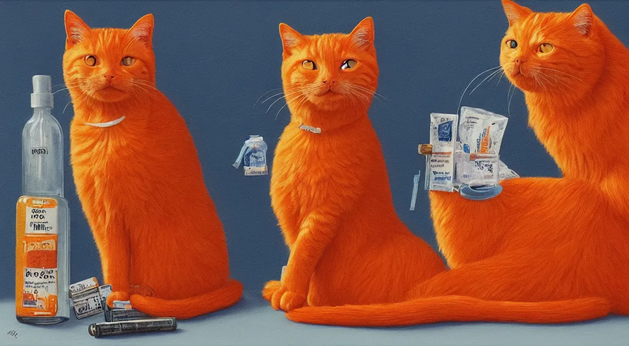 Prompt: An orange cat is smiling, 2 bottles of medicine next to the cat, hyper realistic, highly detailed, retrofuturism,