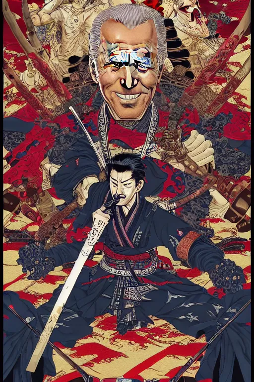 Prompt: poster of joe biden as a samurai, by yoichi hatakenaka, masamune shirow, josan gonzales and dan mumford, ayami kojima, takato yamamoto, barclay shaw, karol bak, yukito kishiro, highly detailed