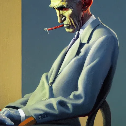 Image similar to Portrait of Dr. Nobody wearing a business suit smoking cigarette , very coherent, painted by Edward Hopper, Wayne Barlowe, painted by James Gilleard, airbrush, art by JamesJean