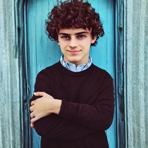 Image similar to “teen boy, brown curly hair, blue eyes, Italian heritage, portrait photo, 4K”