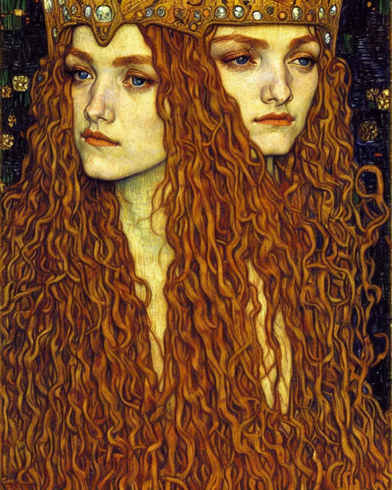 Image similar to detailed realistic beautiful young medieval queen face portrait by jean delville, gustav klimt and vincent van gogh, art nouveau, symbolist, visionary, gothic, pre - raphaelite, muted earthy colors, desaturated