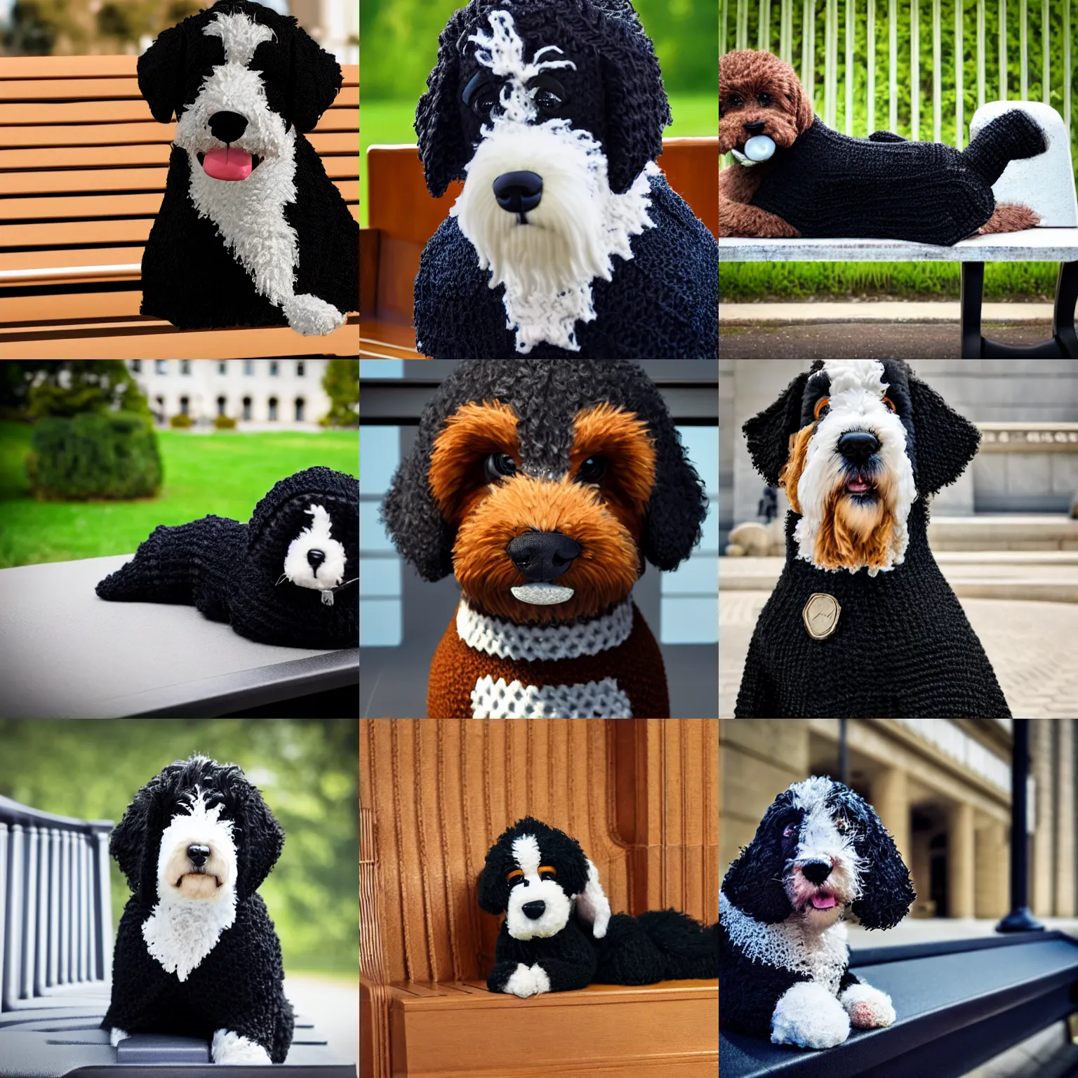 Prompt: a closeup photorealistic illustration of a knitted bernedoodle judge puppy dressed in a black gown and speaking from the courthouse bench. scales of justice. this 4 k hd image is trending on artstation, featured on behance, well - rendered, extra crisp, features intricate detail, epic composition and the style of unreal engine.