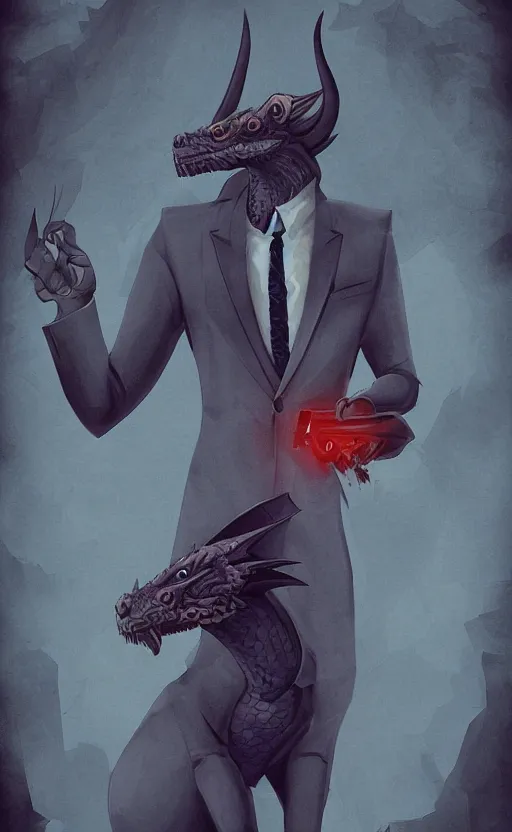 Prompt: handsome Kaiju wearing a suit, dragon, monster, digital painting, 4k