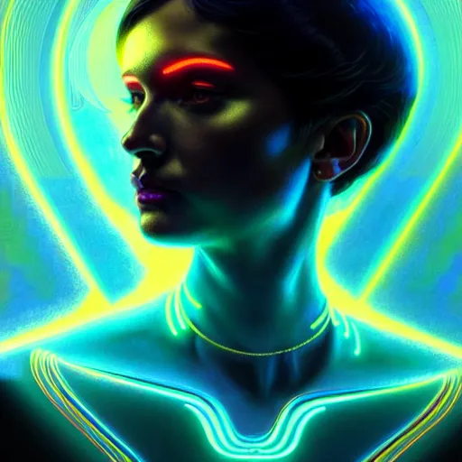 Prompt: tron angel, psychedelic lsd, diffuse lighting, hyper realistic, elegant, intricate, hyper detailed, smooth, sharp focus, concept art, illustration, trending on artstation, art by greg rutkowski and james gurney and alphonse mucha