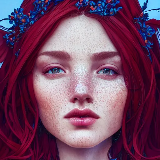 Image similar to close up portrait of a beautiful girl with red hair and freckles, intricate, elegant. highly detailed, digital painting, artstation, concept art, smooth, sharp, focus, illustration. background is purple, art by artgerm and greg rutkowski and alphonse mucha,