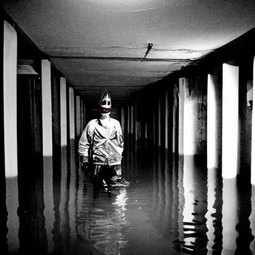 Prompt: a flooded creepy empty basement hallway with a clown standing in the dark, shaky, film grain, craigslist photo