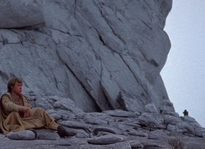 Prompt: screenshot of Luke Skywalker, played by Mark Hammill, sitting down surrounded by rocks hovering in mid-air, outside on the rocky jedi temple, iconic scene from the force awakens, 1980s film directed by Stanley Kubrick, great portrait of Mark Hammill, cinematic lighting, kodak, strange, hyper real, stunning moody cinematography, with anamorphic lenses, crisp, detailed portrait, 4k image