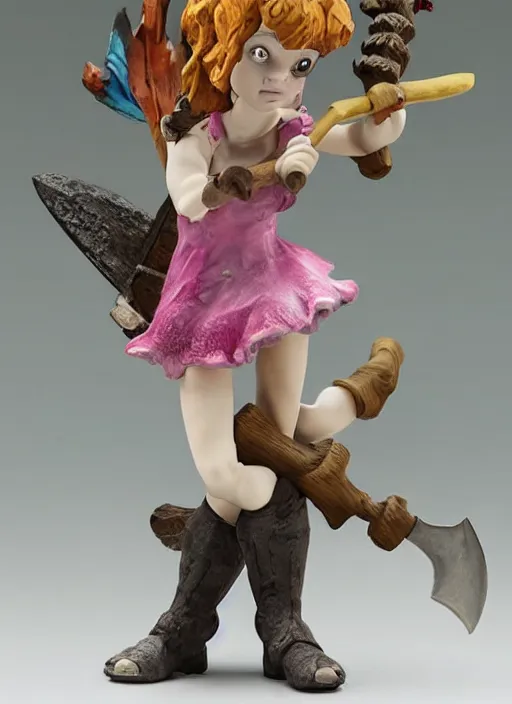 Prompt: an ominous femo figurine of a cute funny axe wielding fairy with freckles wearing a frilly floral torn dress featured on left 4 dead by studio ghibly and disney, carrying a woodcutter's hatchet, dark and moody, wide angle, dynamic dancing pose, 🎀 🪓 🧚