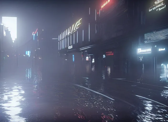 Prompt: 4k 60fps in-game destiny 2 gameplay showcase dark, misty, foggy, flooded rainy tokyo japan street in Destiny 2, liminal creepy, dark, dystopian, abandoned, highly detailed