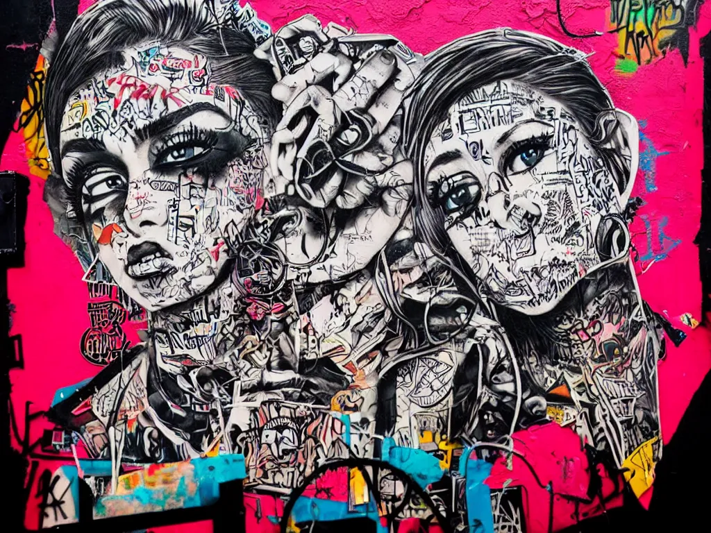 Prompt: a multilayered mixed media street art on paper bursting with nostalgic pop culture and hiphop references, punk and graffiti symbols and tattoo designs, sharp details and in focus, high resolution, flat evenly lit background, art by stikki peaches