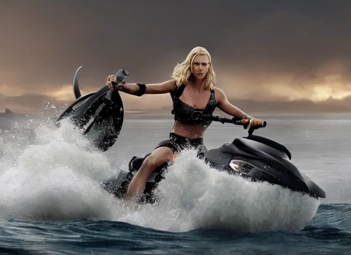 Image similar to film still of charlize theron as a viking women with weapons riding on a jet ski, wearing skin - tight futuristic valkerie bikini, rough seas in background, lightning storms, water world, mad max, hyper - realistic, highly detailed, accurate, 8 k octane render, 2 8 mm, wide angle, rule of thirds