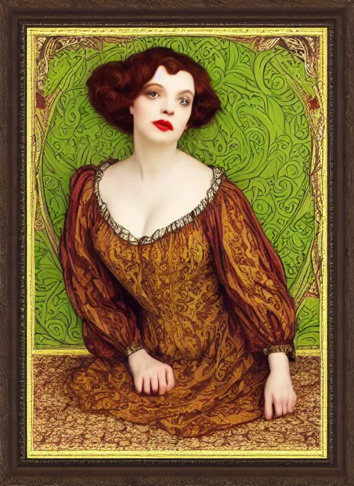 Image similar to masterpiece beautiful seductive curvey pose preraphaelite portrait photography, hybrid of judy garland and zooey deschanel, straight jagged fringe, yellow ochre ornate medieval dress, william morris and kilian eng and mucha, framed, 4 k