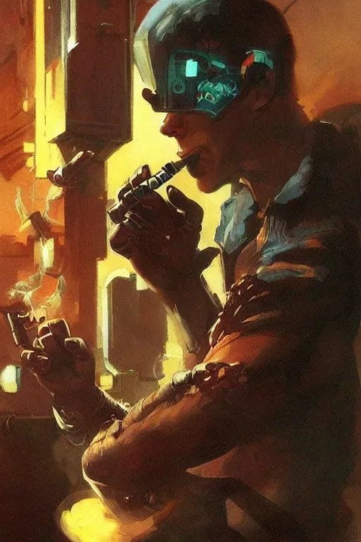 Image similar to An android smoking a cigar in a cyberpunk setting, by Frank Frazetta, Trending on Artstation, highly detailed,