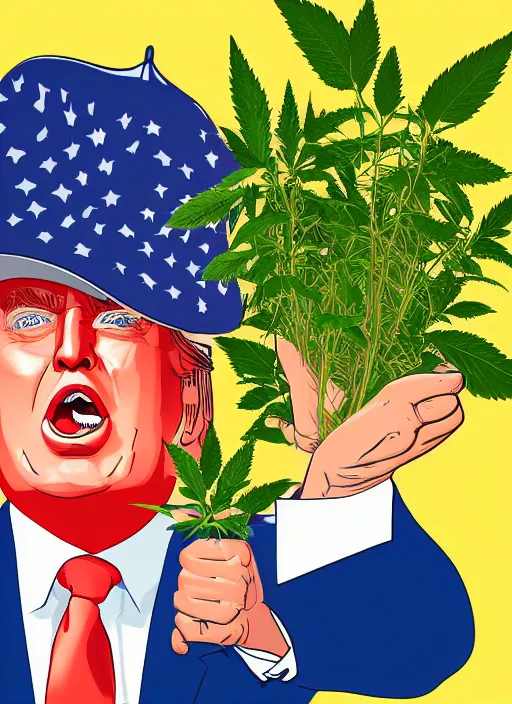 Image similar to digital portrait of a enthusiastic person looking like donald trump cultivating weed, holding pack of dollars in right hand, illustration realistic