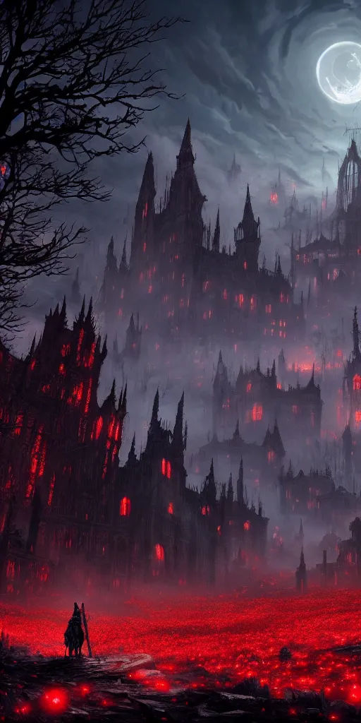 Image similar to populated bloodborne old valley with a dark person at the centre and a ruined gothic city in the background, trees and stars in the background, falling red petals, epic red - orange moonlight, perfect lightning, wallpaper illustration by niko delort and kentaro miura, 4 k, ultra realistic