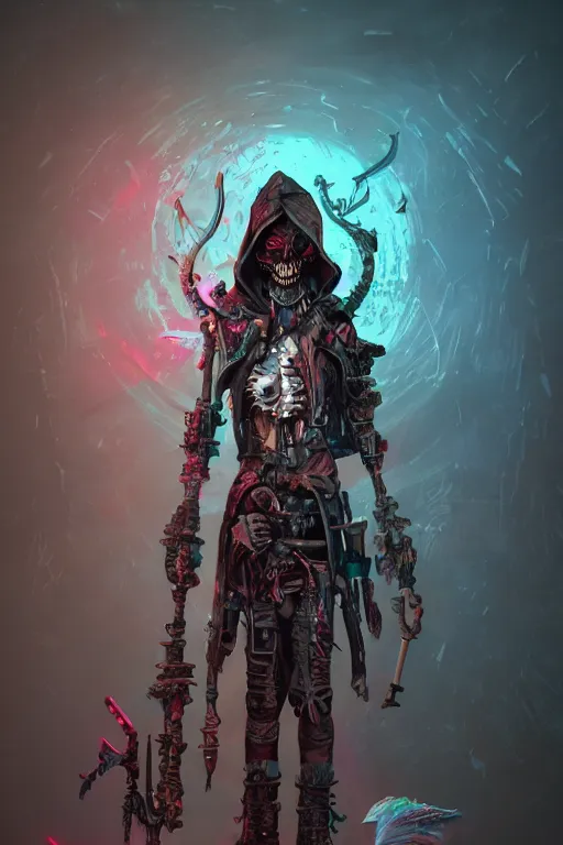 Image similar to punk grim reaper, hyper detailed, bioluminescent, background fortress, digital art, trending in artstation, cinematic lighting, studio quality, smooth render, unreal engine 5 rendered, octane rendered, art style by klimt and nixeu and ian sprigger and cushart and archan nair, jack kirby and simon bisley, physically based rendering