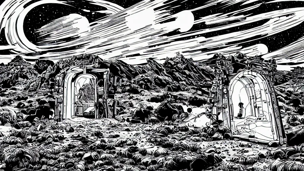 Image similar to very detailed, prophet graphic novel, ilya kuvshinov, mcbess, rutkowski, simon roy, illustration of a large vault door in the desert, wide shot, colorful, deep shadows, astrophotography