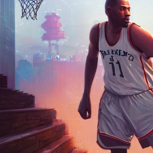 Image similar to highly detailed basketball player, in gta v, stephen bliss, unreal engine, fantasy art by greg rutkowski, loish, rhads, ferdinand knab, makoto shinkai and lois van baarle, ilya kuvshinov, rossdraws, tom bagshaw, global illumination, radiant light, detailed and intricate environment