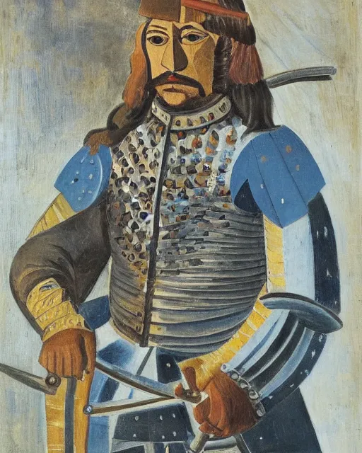 Prompt: portrait of a spanish conquistador in battle riding a horse, by daniel zrom and pablo picasso, facial features, handsome