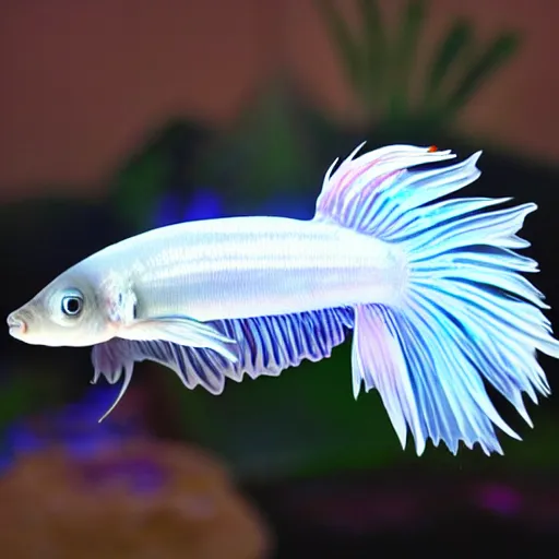 Image similar to a graceful iridescent white betta fish in black water