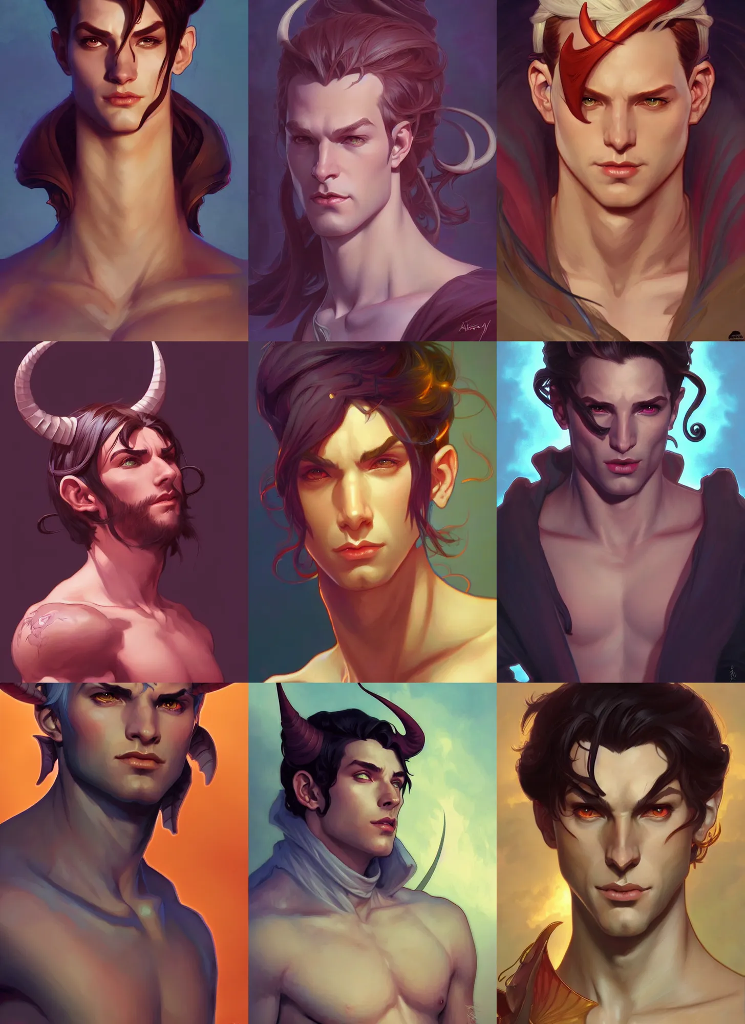 Prompt: a beautiful male tiefling, highly detailed, digital painting, artstation, concept art, smooth, sharp focus, illustration, art by artgerm and alphonse mucha, high definition digital art, in the style of ross tran and ilya kuvshinov