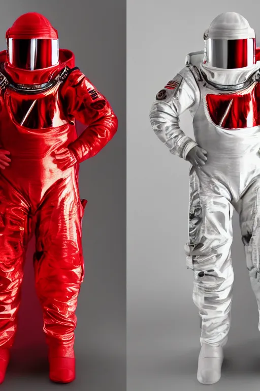 Prompt: photography of red and white space suits designed for knights templar, golden linings, photo shoot, by annie leibovitz, sigma 85mm 1.4, glows, sharp, high contrast, octane render