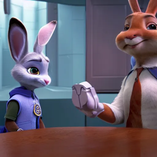 Prompt: Judy Hopps, the rabbit police officer from Zootopia, interrogating Hannibal Lecter, 4k movie still