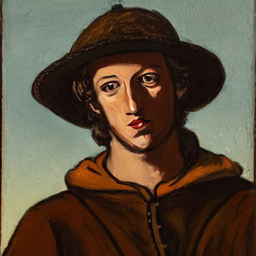 Prompt: mark zuckerburg as a 1 2 th century peasant in england, painting, exhibited at the british museum, oil on canvas, restored