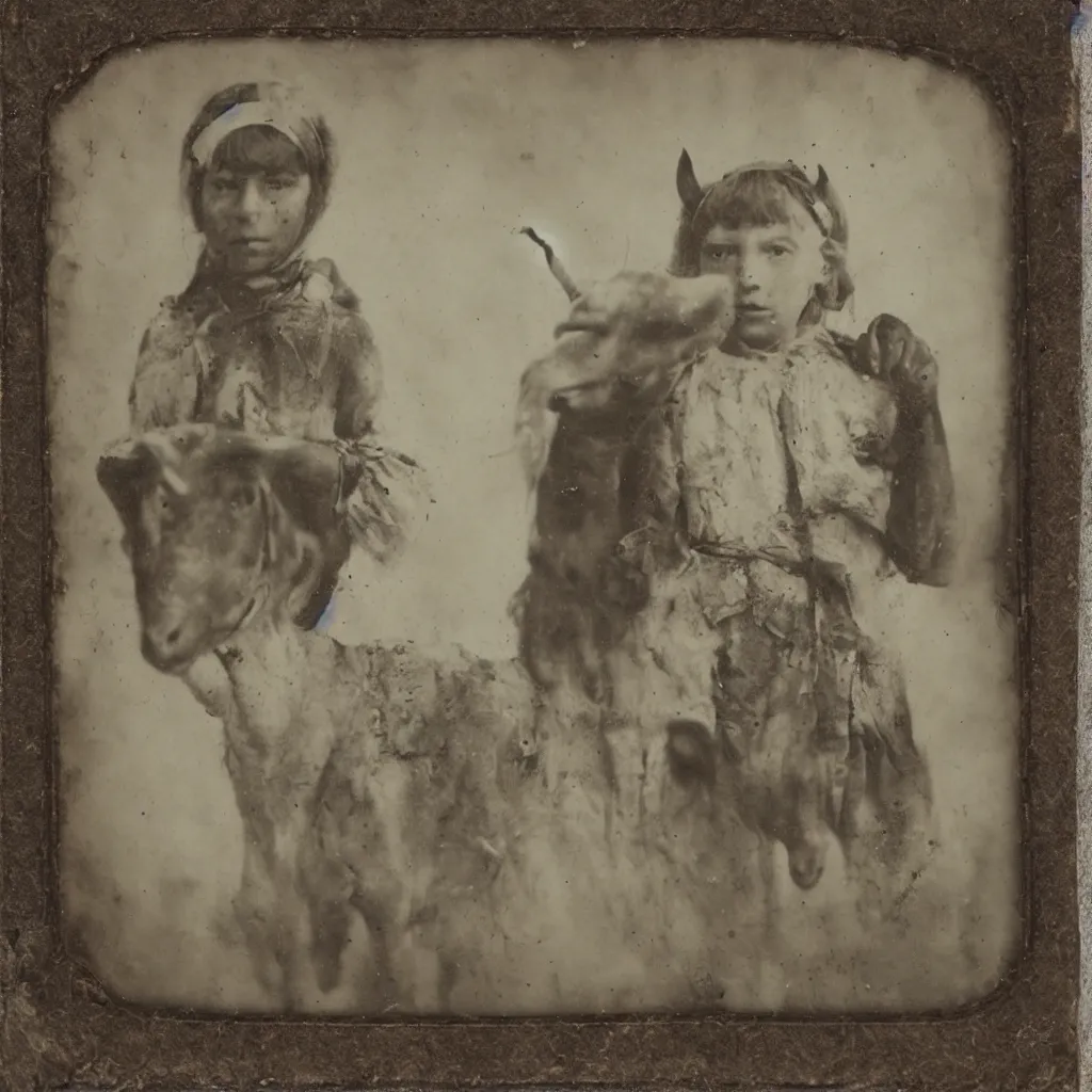 Image similar to tintype of a girl with goat head