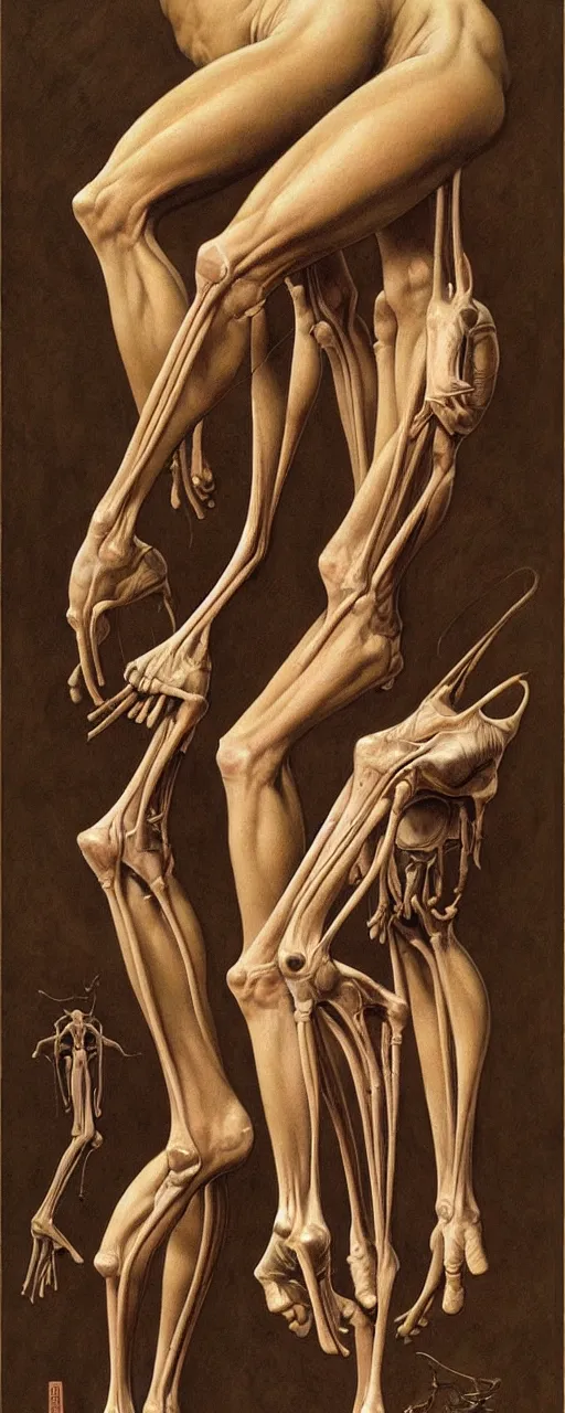 Prompt: human calf and tibia and humorous artists anatomy in the style of wayne barlowe, gustav moreau, goward, bussiere, roberto ferri, santiago caruso, luis ricardo falero, dali