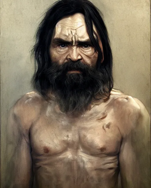 Prompt: Charles Manson as Odin, oil on canvas, artstation, highly detailed portrait by Joseph Karl Stieler and Théodore Gericault and Eugène Delacroix, octane render