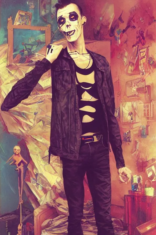 Prompt: a skinny goth guy standing in a cluttered 9 0 s bedroom, full body character concept art, vaporwave colors, karol bak art,
