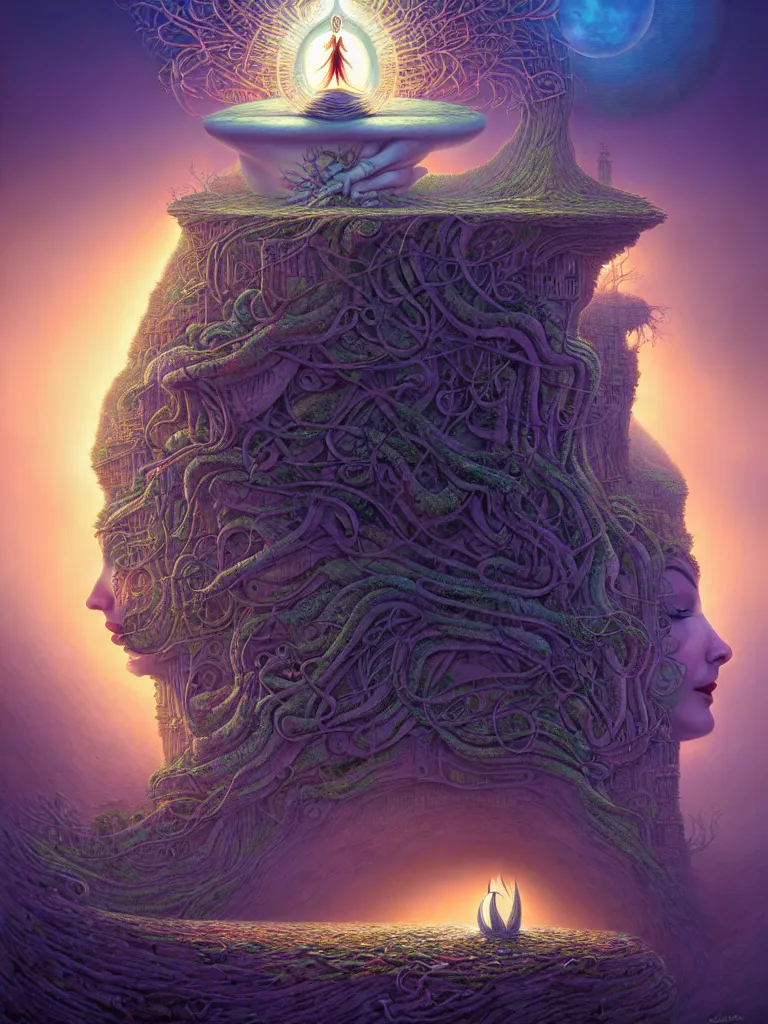 Image similar to the surreal goddess of dreams by carol bak, jacek yerka, gediminas pranckevicius, alex gray, dan mumford and h. r. giger, digital painting, octane rendered, crepuscular rays, neon cyberpunk colors, cinematic, trending on artstation