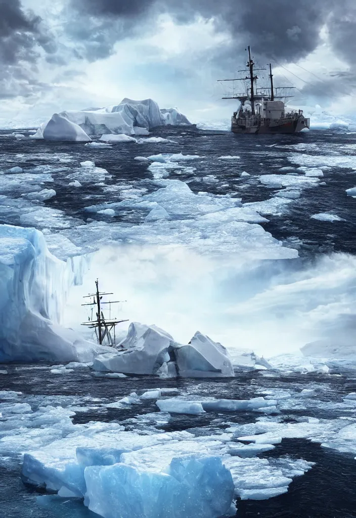 Image similar to ship being persecuted by a police ship over raging turbulent waters in antartica, icebergs in the background, hyper realistic, highly detailed, digital art, apocalyptic, intimidating lighting, raytracing, sharp focus, smooth, dramatic action scene