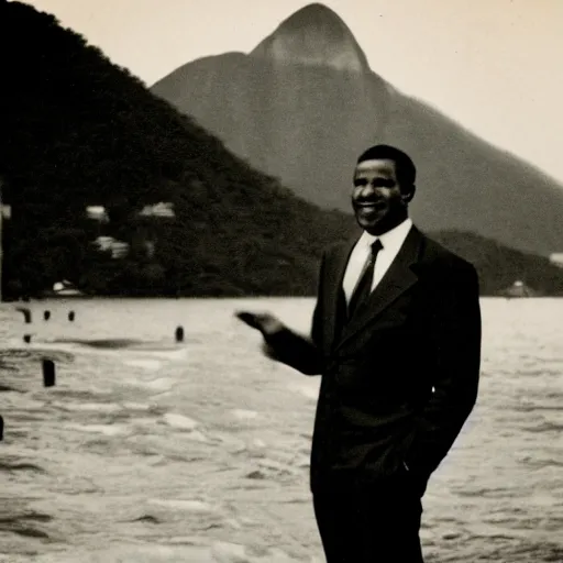 Image similar to vintage photo of a black man wearing a black suit in front of rio de janeiro