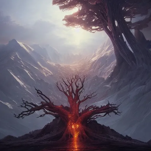 Prompt: Beautiful cinematic scene of a gigantic tree, Yggdrasil, on top of a mountain, epic, megalophobia, cinematic lighting, insanely detailed, painting by Greg Rutkowski, Artstation