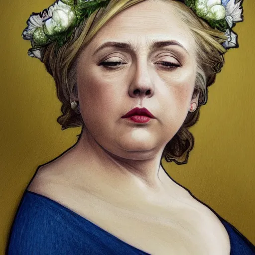 Image similar to side portrait of morbidly obese Hillary Clinton, blond hair, flower crown, white dress, headshot, hyper realistic, pale skin, 4k, rule of thirds, beautiful eyes, extreme detail, detailed drawing, trending artstation, hd, fantasy, D&D, realistic lighting, by Alphonse Mucha, Greg Rutkowski, sharp focus, backlit, elegant