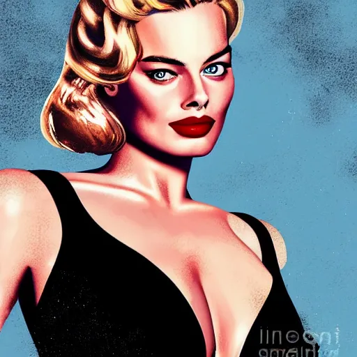 Prompt: Margot Robbie as a pinup girl, digital art, hyperrealistic