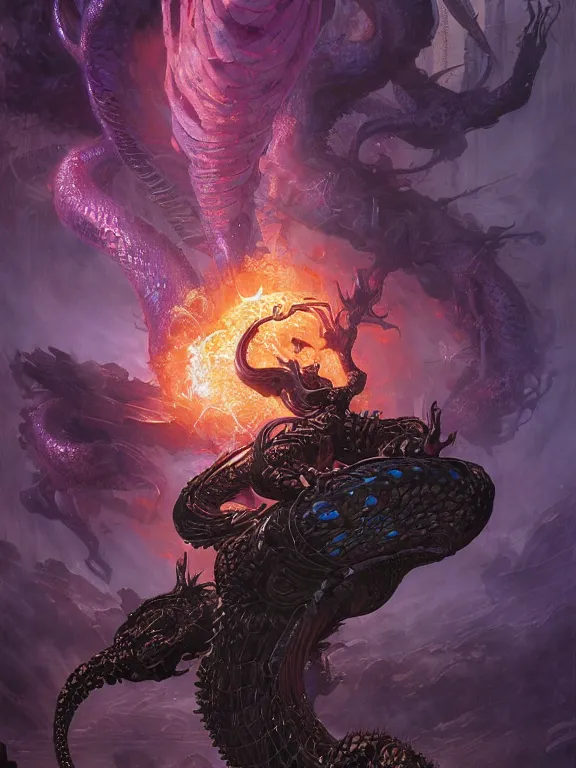 Prompt: black serpent breathing purple fire, ultra realistic, wide angle, intricate details, the fifth element artifacts, highly detailed by peter mohrbacher, hajime sorayama, wayne barlowe, boris vallejo, aaron horkey, gaston bussiere, craig mullins