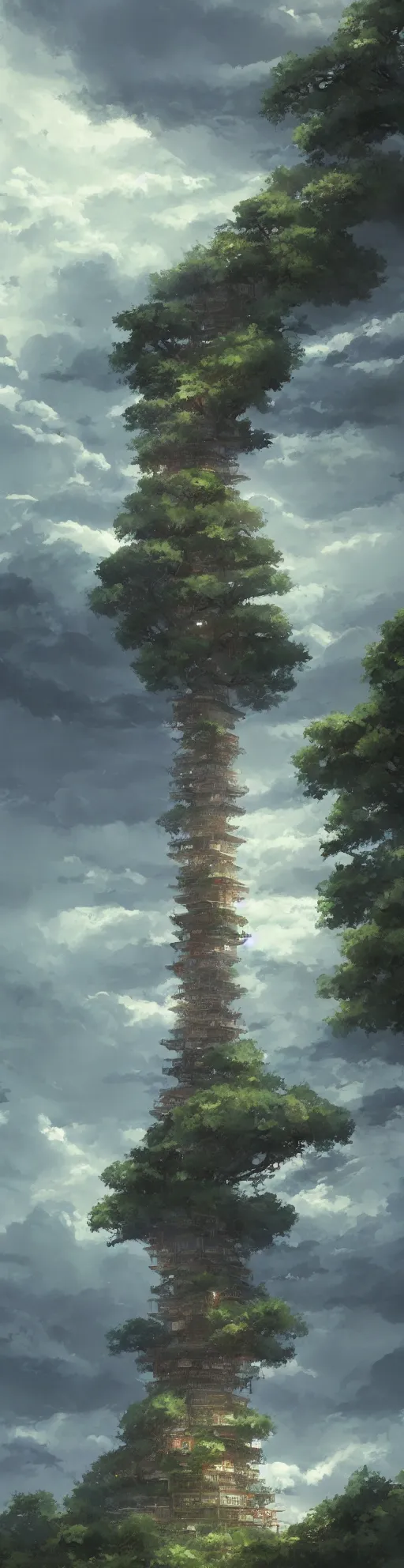 Image similar to one extremely tall pagoda with a path surrounded by mountains, stormy weather. Makoto Shinkai, anime, trending on ArtStation, digital art.