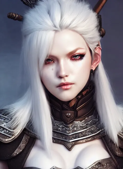 Image similar to barbarian, fur leather armor!!! beautiful and elegant white hair female!! gorgeous ayes!! character concept art, sharp focus, octane render! unreal engine 5! highly rendered!! trending on artstation!! detailed linework!! illustration by artgerm, wlop, and chie yoshii