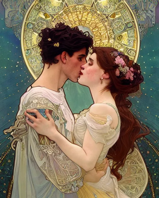 Image similar to the kiss | highly detailed | very intricate | art nouveau | gold filigree | romantic storybook fantasy | soft cinematic lighting | award - winning | disney watercolor illustration by mandy jurgens and alphonse mucha and alena aenami | pastel color palette | featured on artstation