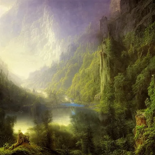 Image similar to a beautiful and highly detailed matte painting of a dreamy valley deep in the foresty mountains, epic forests, rivers, trees, flowers, crystals, intricate details, epic scale, insanely complex, 8 k, sharp focus, hyperrealism, very realistic, by caspar friedrich, albert bierstadt, james gurney, brian froud,