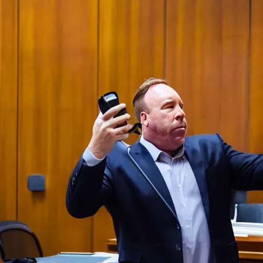 Image similar to Alex Jones desperately reaching for his out of reach phone in the courtroom, EOS 5DS R, ISO100, f/8, 1/125, 84mm, RAW, Dolby Vision, Vision AI